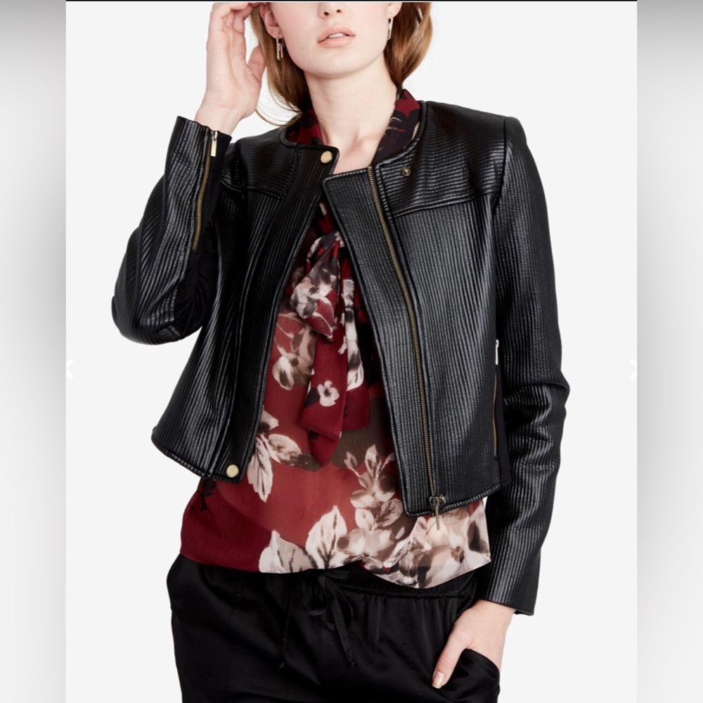 Rachel Roy September black vegan leather quilted cropped moto jacket sz.0